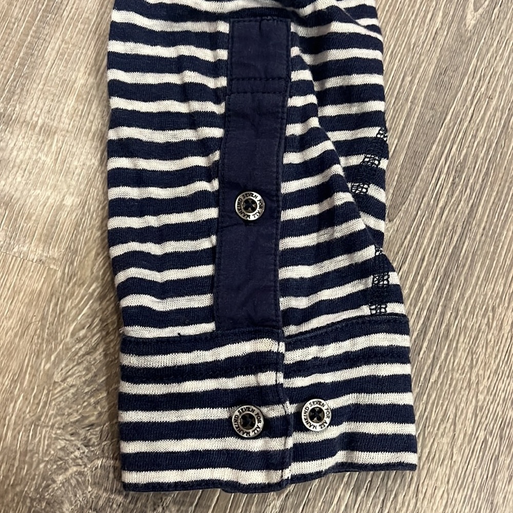 2000’s 7 For All Mankind Jeans Linen Nautical Stripe Henley Shirt - Picture 2 of 5